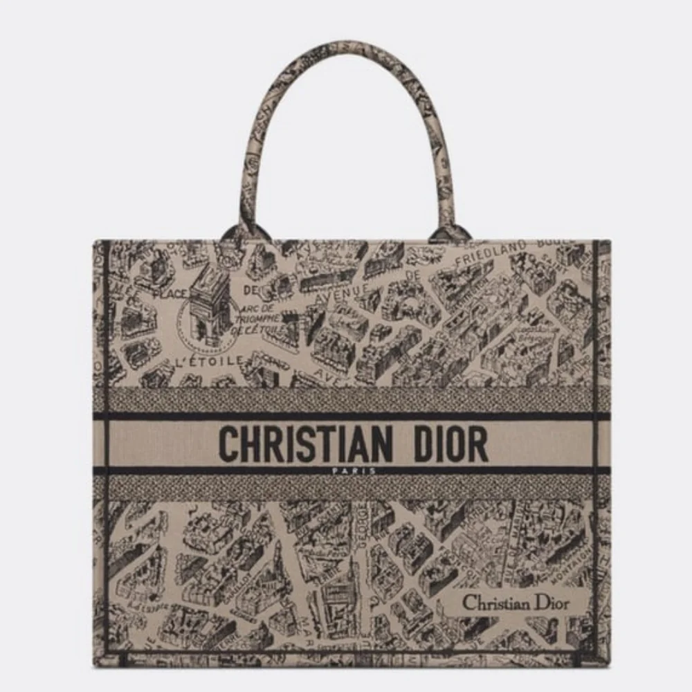 Dior Beige and Black Book Tote with Paris Map Print